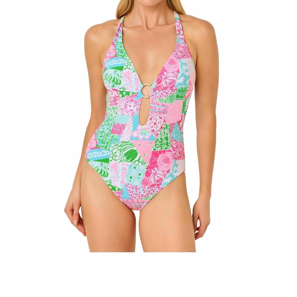 NEW LILLY PULITZER ester one piece swimsuit in multi crazy quilt